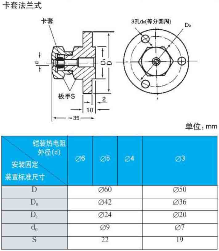 pt100热电阻卡套法兰式安装尺寸图